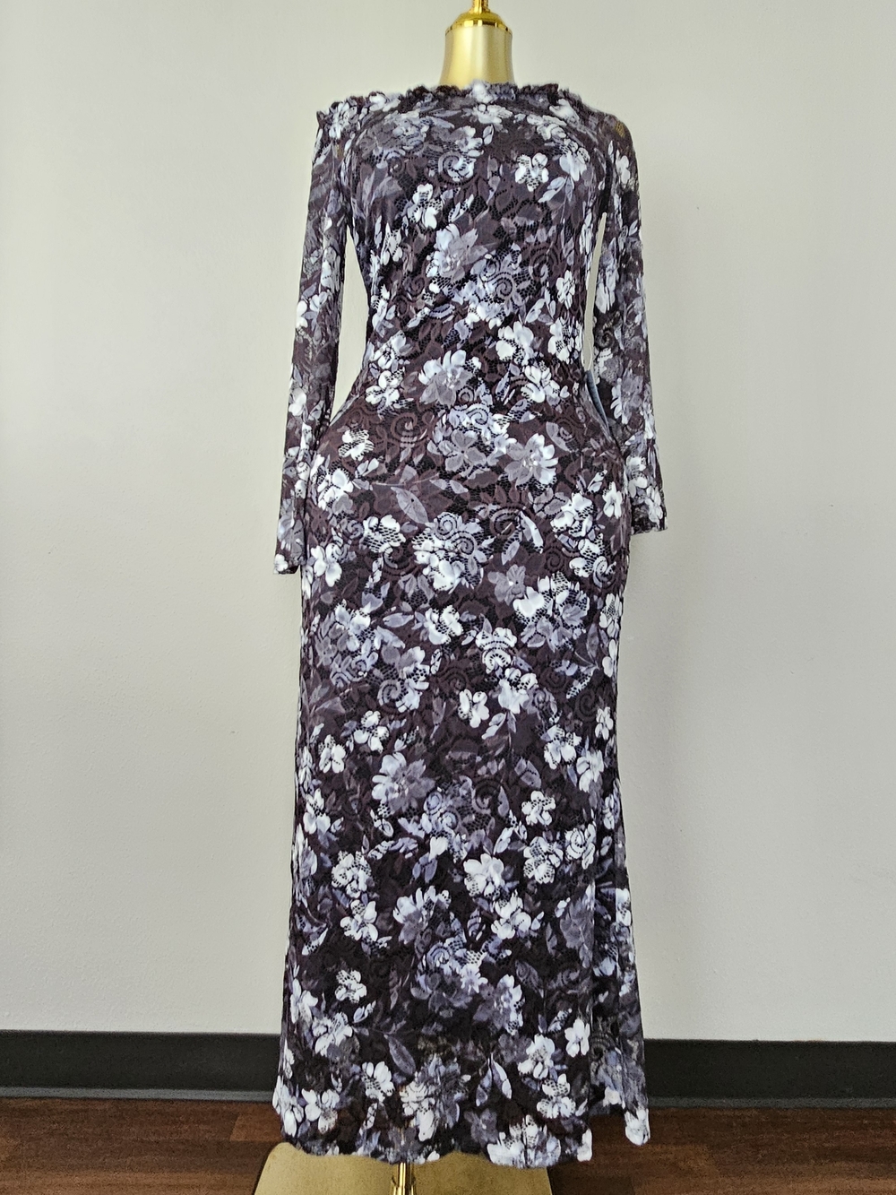 MARINA Black & White Floral Lace Long Sleeve Maxi Dress